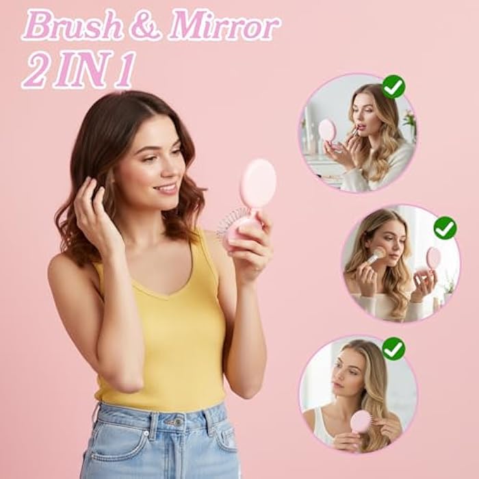 Matwsec Mini Travel Brush for Women Folding Hair Brush Portable Mini Hairbrush with Mirror, Compact Pop Up Pocket Brushes, Small Travel Size Flip Brushes for Purse Girls Wet and Dry Hair, Pink - Image 4